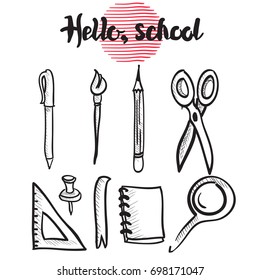 Set of graphic school icons and education icons.vector hand drawn illustration