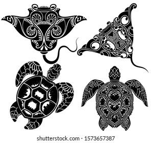 Set of graphic sea turtle and vector stingray or manta ray.