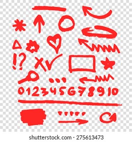 Set of graphic signs. Arrows, circles, correction lines, underlines, highlighting elements. Felt tip marker pen. Vector illustration. Transparent