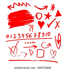 Set of graphic signs. Arrows, circles, correction lines, underlines, highlighting elements. Felt tip marker pen. Vector illustration.