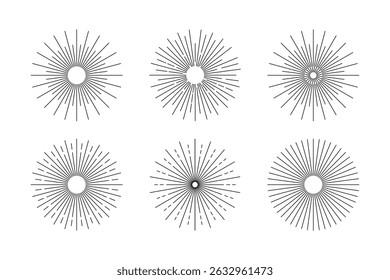 Satz von grafischen einfachen Formen von Licht Strahlkraft, Blitz, Salut, Aufmerksamkeit, Akzent. Vektorgrafik von Elementen von Strahlen unterschiedlicher Länge, die im Kreis angeordnet sind.