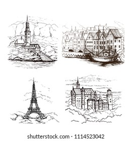 Set of  graphic sketch drawing of european cityscapes.Slovenia.Germany.France.Denmark.