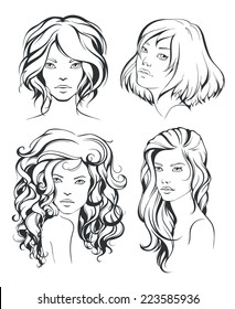 Set Graphic Sketch Girls Line Portraits Stock Vector (Royalty Free ...