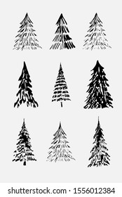 set of  graphic sketched winter trees
