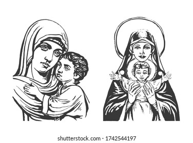 Establecer bocetos gráficos de Madonna y Child. Bendita Virgen María con la ilustración vectorial Baby Jesus aislada en fondo blanco. 