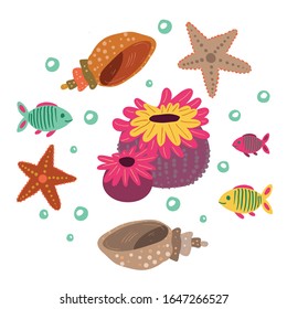 Set of graphic, starfish shells, small fish, anemones templates, vector illustration isolated on white background. Stylized graphic marine ocean logotype, logo design, summer vacation concept.