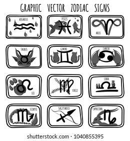 Set of graphic stylized zodiac signs in black, white and grey in vector EPS8