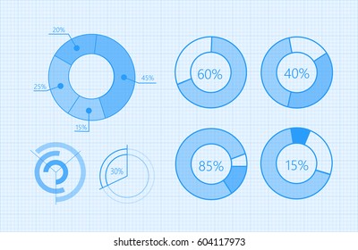 Set of graphic symbols for infographic. Statistic information presentation vector elements collection. Circle diagram with percent data on checkered graph paper for business, social, political concept