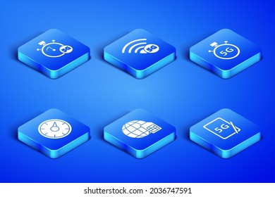 Set Graphic tablet with 5G, Digital speed meter, Globe Sim Card, network and  icon. Vector