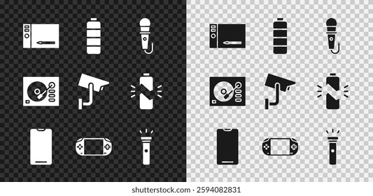 Set Graphic tablet, Battery charge level indicator, Microphone, Smartphone, mobile, Portable video game console, Flashlight, Vinyl player and Security camera icon. Vector