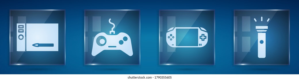 Set Graphic tablet, Gamepad, Portable video game console and Flashlight. Square glass panels. Vector