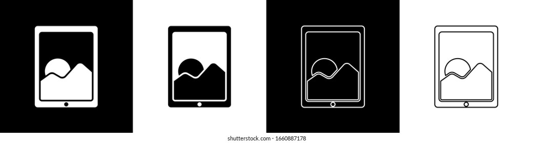 Ajuste el icono del comprimido gráfico aislado en fondo blanco y negro. Ilustración vectorial