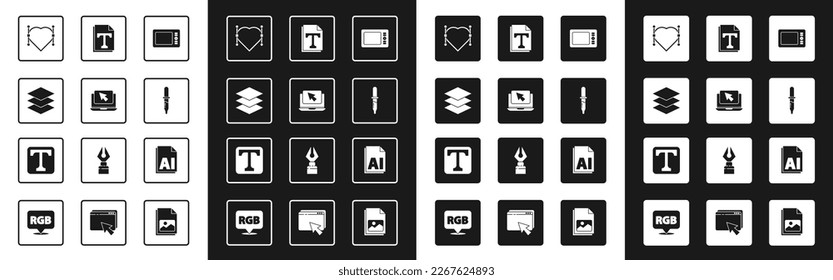 Set Graphic tablet, Laptop and cursor, Layers, Heart with Bezier curve, Pipette, Text file document, AI and  icon. Vector