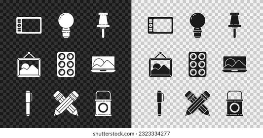 Set Graphic tablet, Light bulb, Push pin, Pen, Crossed pencil with eraser, Paint bucket, Picture landscape and Watercolor paints box icon. Vector