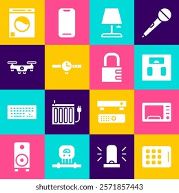 Set Graphic tablet, Microwave oven, Bathroom scales, Table lamp, Wrist watch, Drone flying, Washer and Safe combination lock icon. Vector