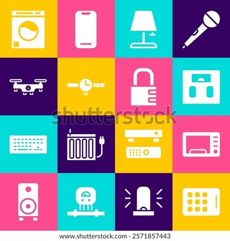 Set Graphic tablet, Microwave oven, Bathroom scales, Table lamp, Wrist watch, Drone flying, Washer and Safe combination lock icon. Vector