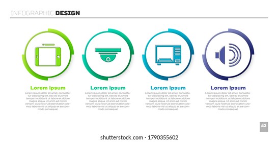 Set Graphic tablet, Motion sensor, Microwave oven and Speaker volume. Business infographic template. Vector