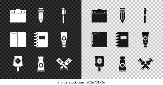 Ajuste tableta gráfica, lápiz con borrador, funda de boquilla con spray, paleta de pintura de tubo, pincel cruzado, rollo de toalla de papel e icono de bloc de notas en espiral. Vector