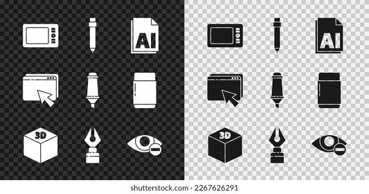 Set Graphic tablet, Pencil with eraser, AI file document, Isometric cube, Fountain pen nib, Red eye effect, Web design and development and Marker icon. Vector