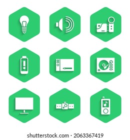 Set Graphic tablet, Smartwatch, Music player, Vinyl, Computer monitor screen, Battery charge level indicator, Cinema camera and Light bulb with concept of idea icon. Vector