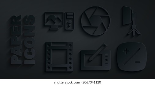 Set Graphic tablet, Softbox light, Camera roll cartridge, Exposure compensation, shutter and Photo retouching icon. Vector