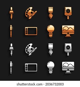 Fijar tableta gráfica, el capuchón de boquilla Spray puede, pantalla de monitor de ordenador, lámpara de luz, pluma, cuchillo de paleta, pipeta y pincel de pintura con icono de paleta. Vector