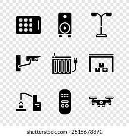 Set Graphic tablet, Stereo speaker, Street light, Robotic robot arm hand factory, Remote control, Drone flying, Security camera and Heating radiator icon. Vector