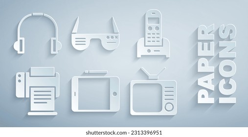 Indique el icono de tableta gráfica, teléfono, impresora, tv retro, gafas inteligentes y audífonos. Vector
