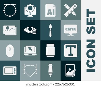 Set Graphic tablet, Text, Speech bubble with text CMYK, AI file document, Red eye effect, Picture landscape, Circle Bezier curve and Paint brush icon. Vector