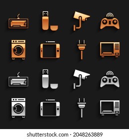 Set Graphic Tablet, Wireless Gamepad, Microwave Backofen, Elektro-Stecker, Washer, Security Kamera, Keyboard und USB Flash-Laufwerk Symbol. Vektorgrafik