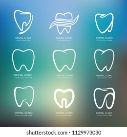 Set of graphic teeth.  Dental personage vector illustration. medical concept for your design. Oral hygiene, teeth cleaning. Teeth sticker. Vector Icon, illustration, Logotype, Logo