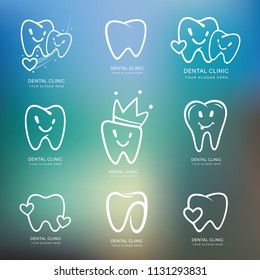 Set of graphic teeth.  Dental personage vector illustration. medical concept for your design. Oral hygiene, teeth cleaning. Teeth sticker. Vector Icon, illustration, Logotype, Logo