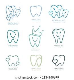 Set of graphic teeth.  Dental personage vector illustration. medical concept for your design. Oral hygiene, teeth cleaning. Teeth sticker. Vector Icon, illustration, Logotype, Logo