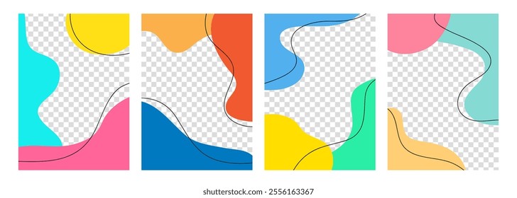 Set of graphic templates. Transparent background. Bright colored various dynamic liquid shapes and black outlines for creative graphic design. Vector illustration.