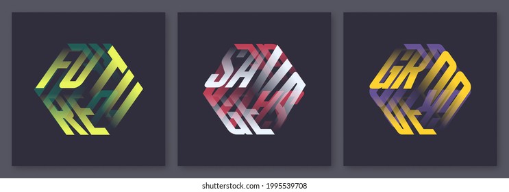 Conjunto de diseños gráficos de camisetas tridimensionales, ilustraciones vectoriales.