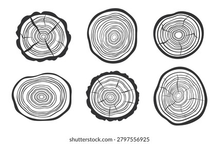 Set of graphic tree rings in cartoon style. Vector illustration of round tree rings with bark, wood, heartwood, lines, cracks isolated on white background. Age of sawn tree. Texture of tree trunks.
