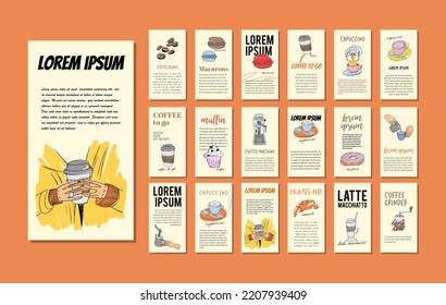 Set of graphic trendy hand drawn illustration design cards with coffee elements. Coffee and sweets. Products of cafe with texts. Can be used for flyers, brochure, cover, poster, booklet, leaflet.