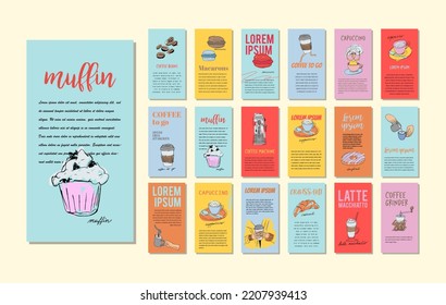 Set of graphic trendy hand drawn illustration design cards with coffee elements. Coffee and sweets. Products of cafe with texts. Can be used for flyers, brochure, cover, poster, booklet, leaflet.