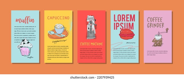Set of graphic trendy hand drawn illustration design cards with coffee elements. Coffee and sweets. Products of cafe with texts. Can be used for flyers, brochure, cover, poster, booklet, leaflet.
