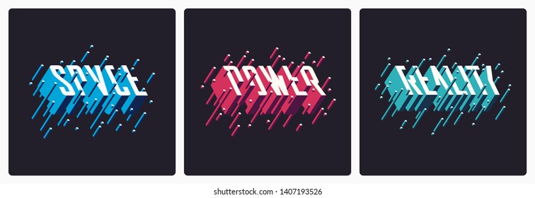 Set of graphic t-shirt designs, typography, prints with 3d styled text. Vector illustration.