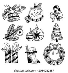 Set of graphic vector hand-drawn Christmas elements. Snowman, bell, Christmas tree, sock, gift, lollipop cane.