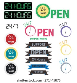 Set of graphic vector illustration 24 hours timers, around-the-clock, day-and-night interface icon. Collection of icons on work with the client
