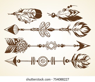 Set with graphic vector illustration. Magic symbolic art in boho style. Arrows, feathers, beads. Spirituality, alchemy design element for invitation, tattoo