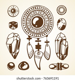 Set with graphic vector illustration. Magic symbolic art in boho style. Amulet, stones, crystal, beads. Spirituality, alchemy design element for invitation, tattoo