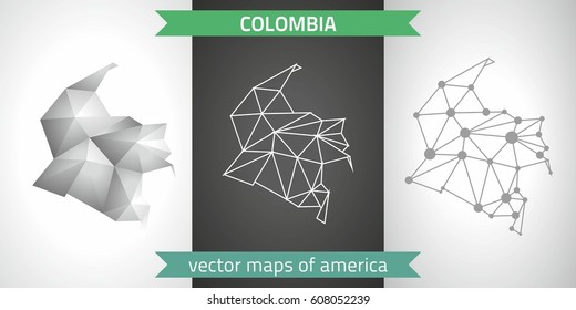 set graphic vector maps of Colombia, polygonal, grey, mosaic, triangle illustrations