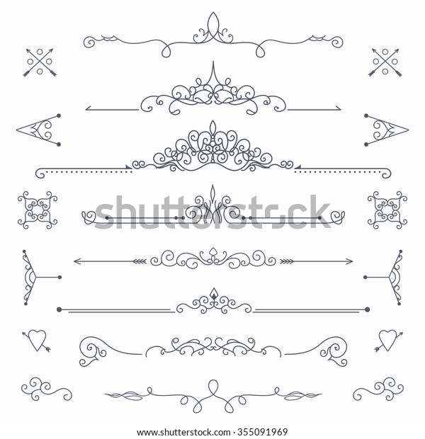 Set of graphic vintage elements. Calligraphic\
Borders on white\
background