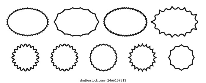 Set of graphic wavy round and oval design frames. Zigzag geometric outlines of round sticker. Vector simple illustration.