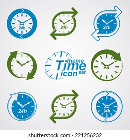 Set of graphic web vector 24 hours timers, around-the-clock flat pictograms. Day-and-night interface icon. Collection of business time management illustrations.