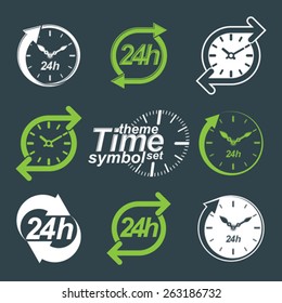 Set of graphic web vector 24 hours timers, around-the-clock flat invert pictograms. Day-and-night interface icon. Collection of business time management illustrations.