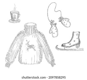 A set with graphic winter elements, a sweater with a deer, mittens, a mug with hot tea and skates. Vector illustration with winter fun to create a winter mood.